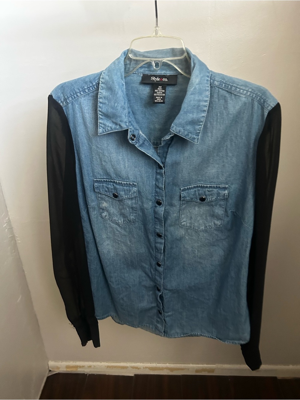 Style & Co. Light Blue Denim Shirt with Black Sleeves